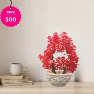 “Artificial Red Floral Pot – Decorative Table Bowl Planter”