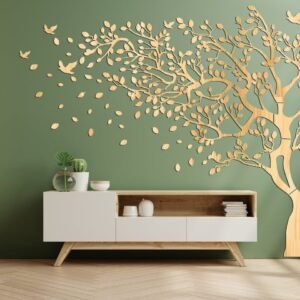 Tree of Life Wood Panels, Above Bed Wall Art, Nature Landscape Room Decoration, Minimal Leaves and Birds Decor, Christmas Boho Tree