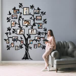 Big wooden family tree with Frames. This is our favorite way to display family photos. Place framed photos all around the tree!